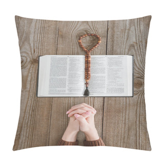 Personality  Cropped Shot Of Woman Praying With Holy Bible And Beads On Wooden Table Pillow Covers