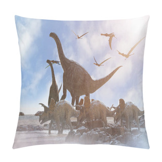 Personality  Different Dinosaurs On Prehistoric Background Of Nature, 3d Render Pillow Covers