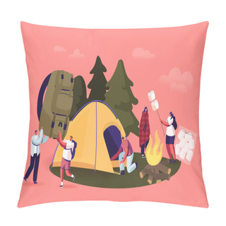 Personality  Young People Spend Time At Summer Camp In Deep Forest. Tourists Company Characters Set Up Tent, Frying Marshmallow Pillow Covers