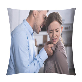 Personality  Aggressive Man In Shirt Screaming At Scared Wife At Home Pillow Covers