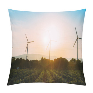 Personality  Concept Idea Eco Power Energy. Wind Turbine On Hill With Sunset Pillow Covers
