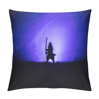 Personality  Fighter With A Sword Silhouette A Sky Ninja. Samurai On Top Of Mountain With Dark Toned Foggy Background. Selective Focus Pillow Covers