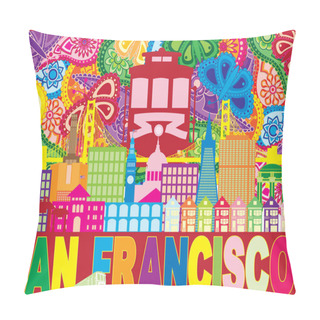 Personality  San Francisco California City Skyline With Trolley Sun Rays Golden Gate Bridge Text Paisley Pattern Color Vector Illustration Pillow Covers