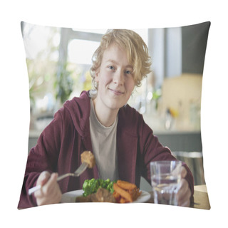 Personality  Portrait Of Teeange Girl Eating Vegan Meal Sitting At Table In Kitchen At Home Pillow Covers