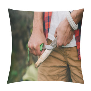 Personality  Cropped Shot Of Man Sharpening Log With Knife Pillow Covers