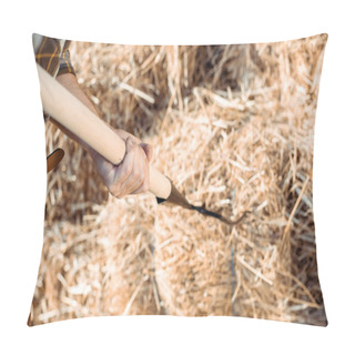 Personality  Cropped View Of Senior Man Holding Rake Near Hay  Pillow Covers