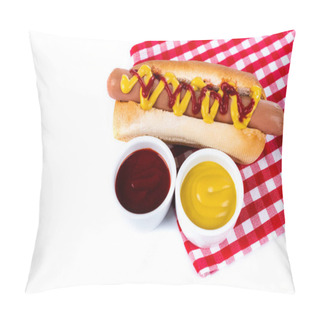 Personality  Bowls With Mustard And Ketchup Near Tasty Hot Dog On Plaid Table Napkin Isolated On White Pillow Covers