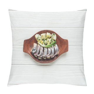 Personality  Top View Of Marinated Herring With Potatoes And Onions In Earthenware Plate On White Wooden Background Pillow Covers