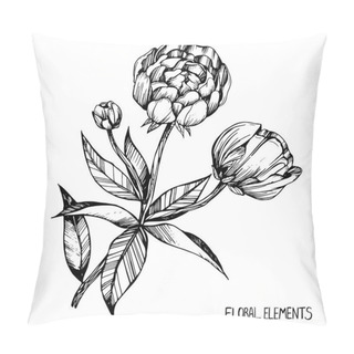 Personality  Peony, Coloring Books For Children And Adults, Ink, Pen Capillary, Handmade, Leaves, Flowers, Buds, Black And White,Set Of Floral Elements For Your Compositions, Flower Collection Pillow Covers