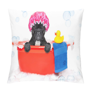 Personality  Dog Taking A Bath In A Colorful Bathtub With A Plastic Duck Pillow Covers