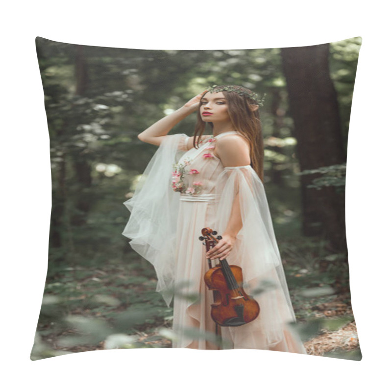 Personality  mystic elf in flower dress and floral wreath holding violin in forest pillow covers