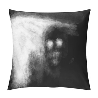 Personality  Scary Darkly Monster Face With Shining Eyes In Light. Black And White Illustration In Horror Genre With Coal And Noise Effect Pillow Covers