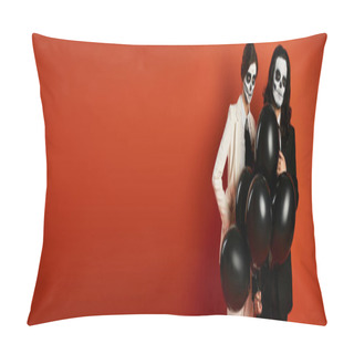 Personality  Couple In Skull Makeup And Suits Posing With Black Balloons On Red, Dia De Los Muertos Party, Banner Pillow Covers