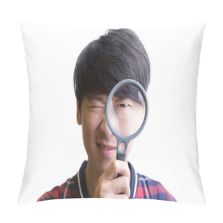 Personality  Asian Young Man Searching Through Magnification Glass On White Background Pillow Covers