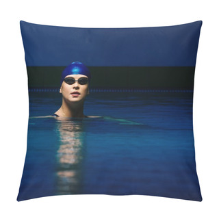 Personality  Young Woman In Blue Cap And Swimming Suit In Pool Pillow Covers