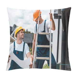 Personality  Happy Builder Looking At Coworker In Helmet Standing On Ladder  Pillow Covers