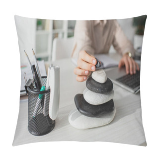 Personality  Cropped View Of Businesswoman Working With Laptop At Workplace With Zen Stones Pillow Covers