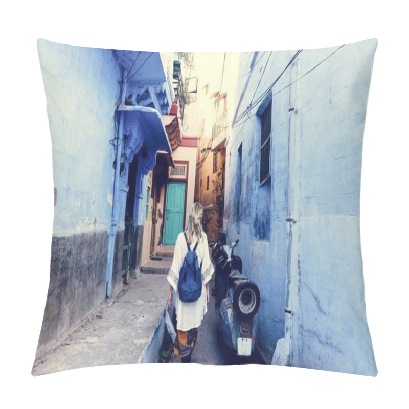 Personality  Western woman exploring the blue city, Jodhpur India pillow covers
