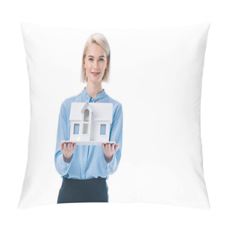 Personality  Beautiful Elegant Agent Presenting House Model, Isolated On White Pillow Covers