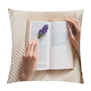 Personality  Top View Of Young Woman Reading Book With Purple Flower  Pillow Covers