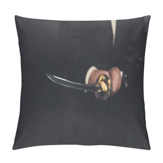 Personality  Cropped Shot Of Man In Suit With Katana Sword On Dark Background Pillow Covers
