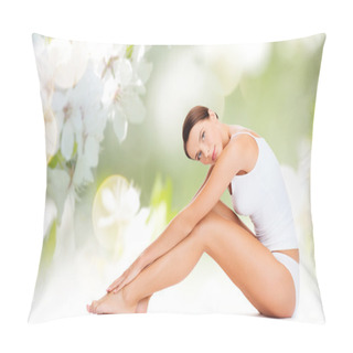 Personality  Beautiful Woman In Cotton Underwear Touching Legs Pillow Covers