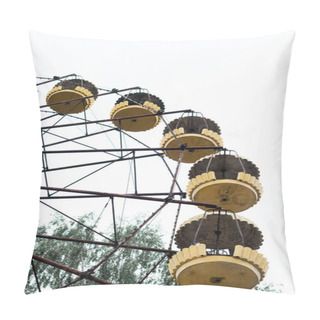 Personality  PRIPYAT, UKRAINE - AUGUST 15, 2019: Low Angle View Of Ferris Wheel In Amusement Park Against Sky With Copy Space Pillow Covers