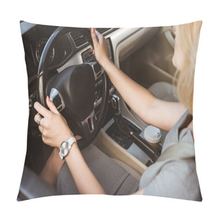 Personality  Cropped Image Of Businesswoman In Grey Dress Driving Car Pillow Covers