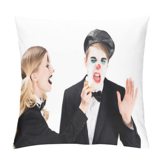 Personality  Cheerful Female Clown Throwing Cupcake In Face Of Dissatisfied Man Isolated On White  Pillow Covers