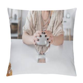 Personality  Cropped View Of Blurred Medium Touching Glass Orb On Table  Pillow Covers