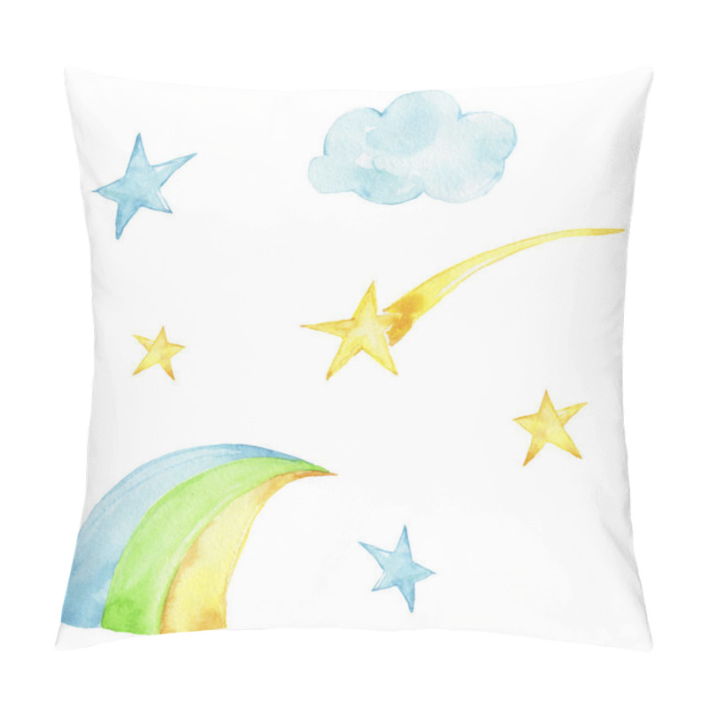 Personality  Set with yellow and blue stars, cloud and rainbow; watercolor hand draw illustration; can be used for baby shower or card; with white isolated background pillow covers