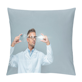 Personality  Handsome Scientist In Glasses Holding Medical Interface Isolated On Grey, Artificial Intelligence Concept Pillow Covers