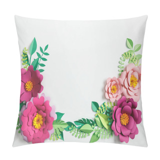 Personality  Top View Of Different Paper Flowers And Green Plants With Leaves On Grey Background Pillow Covers
