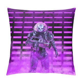 Personality  The Neon Dark Trooper / 3D Illustration Of Science Fiction Scene With Evil Skull Faced Astronaut Space Soldier Holding Laser Rifle In Front Of Glowing Neon Lights Pillow Covers
