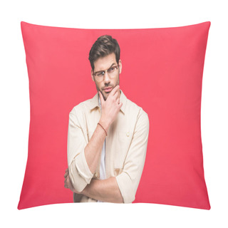 Personality  Pensive Man In Glasses Touching Chin Isolated On Pink Pillow Covers