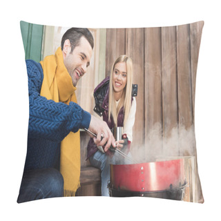 Personality  Happy Young Couple On Porch Pillow Covers