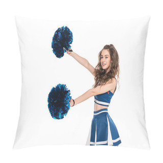Personality  Side View Of Happy Cheerleader Girl In Blue Uniform Dancing With Pompoms Isolated On White Pillow Covers