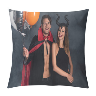 Personality  Cheerful Man In Vampire Halloween Costume Holding Balloons Near Girl With Horns On Black With Smoke  Pillow Covers