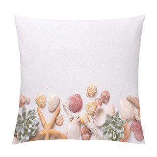 Personality   Marine  Decorations On White Textured  Background. Sea Star, Shells, Coral, Succulent Echeveria. Sea Objects. Selective Focus. Place For Text. View From Above. Pillow Covers
