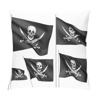 Personality  Pirates Vector Flags - Jolly Roger. A Set Black Of Wavy 3D Flags With Flagpoles Isolated On White Background, Created Using Gradient Meshes Pillow Covers