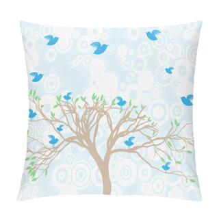 Personality  Multiple Blue Birds Perch And Fly Around Tree Abstract Sky And Clouds Pillow Covers