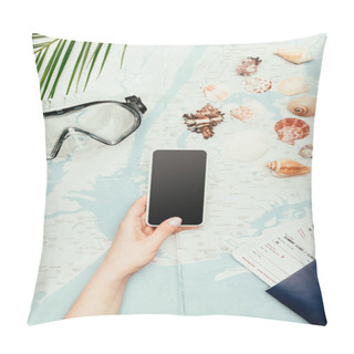 Personality  Cropped Shot Of Woman With Smartphone And Flight Tickets On Travel Map Pillow Covers