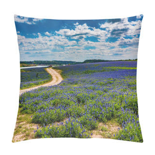 Personality  Old Texas Dirt Road In Field Of  Texas Bluebonnet Wildflowers Pillow Covers