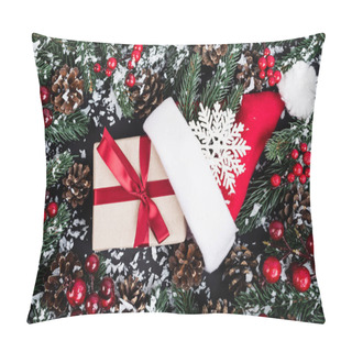 Personality  Top View Of Spruce Branches With Artificial Snow, Gift Box Near Santa Hat And Decorative Snowflake On Black Background Pillow Covers