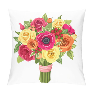 Personality  Bouquet Of Colorful Roses, Lisianthus And Anemones Flowers. Vector Illustration. Pillow Covers