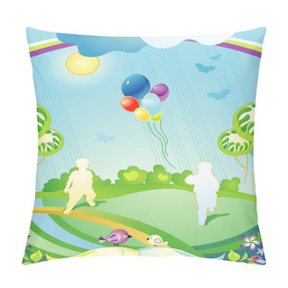 Personality  Landscape With Silhouettes Of Children And Departing Balloons Pillow Covers