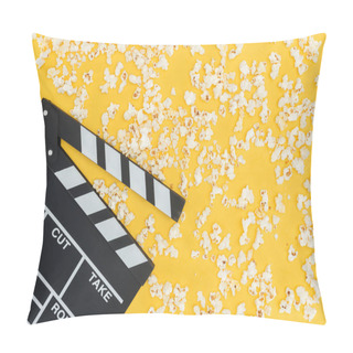Personality  Top View Of Clapperboard And Fresh Tasty Popcorn Isolated On Yellow Pillow Covers