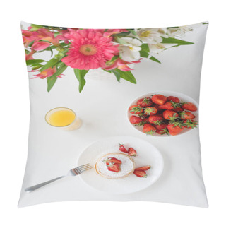 Personality  Top View Of Tasty Pancakes With Strawberries And Flowers In Vase Pillow Covers