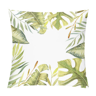Personality  Floral Frame Of Watercolor Tropical Green Plants And Leaves, Hand Painted Illustration On A White Background, Greeting Card Design Pillow Covers