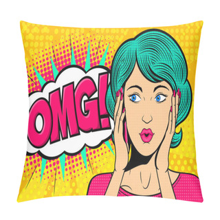 Personality  Pop Art Woman Talk On Mobile Phone. Surprised Female Face With OMG! Speech Bubble. Retro Dotted Background. Stock Vector Illustration For Discount Or Party Invitation Poster. Pillow Covers